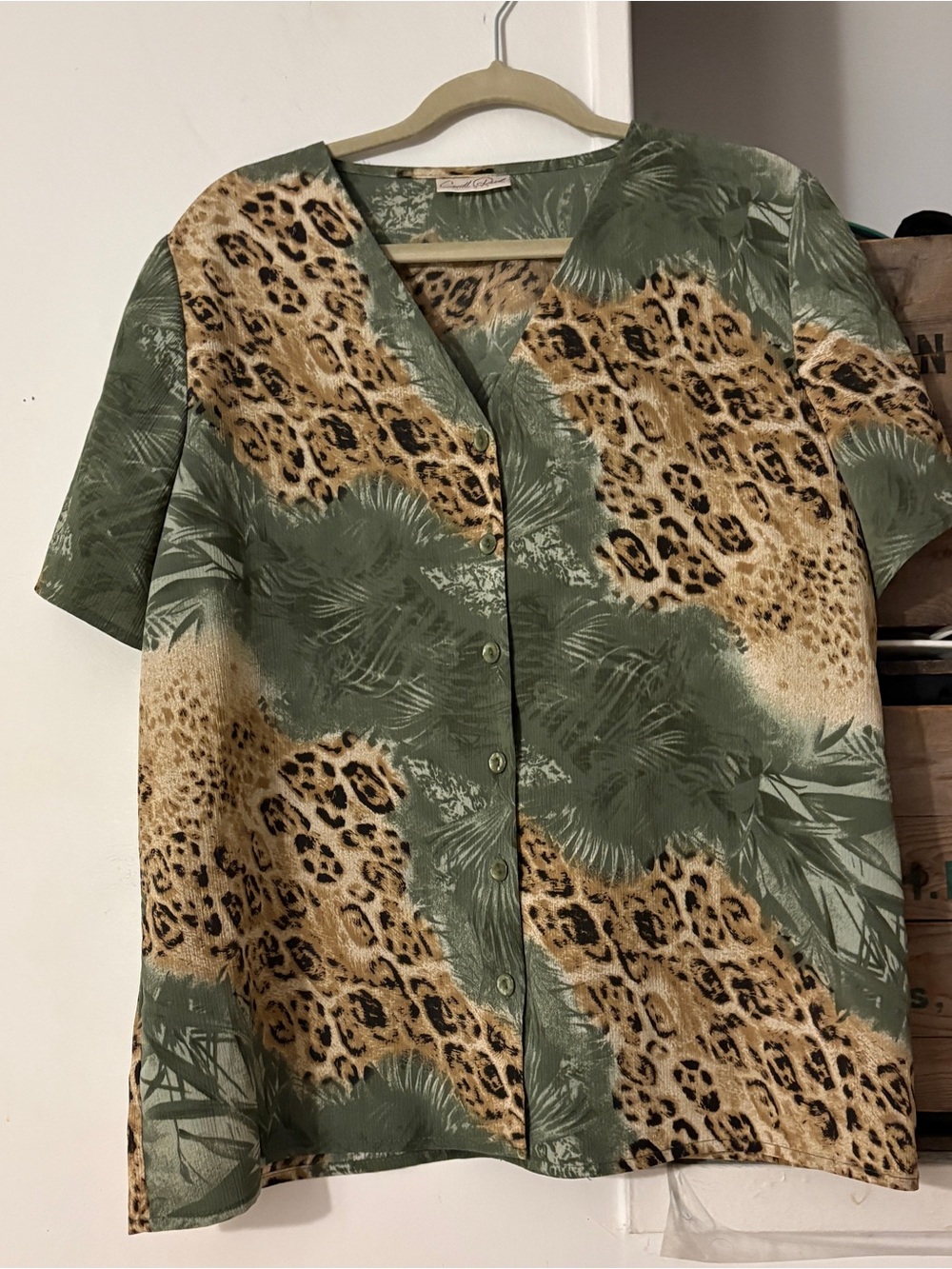 Vintage Carroll Reed Button-Front Blouse in Olive with Leopard Print Size Large
